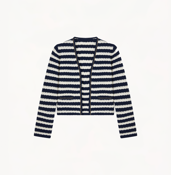 STRIPED CABLE-KNIT CARDIGAN