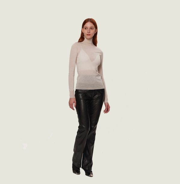 Cashmere metallic top in white with turtleneck. front-view