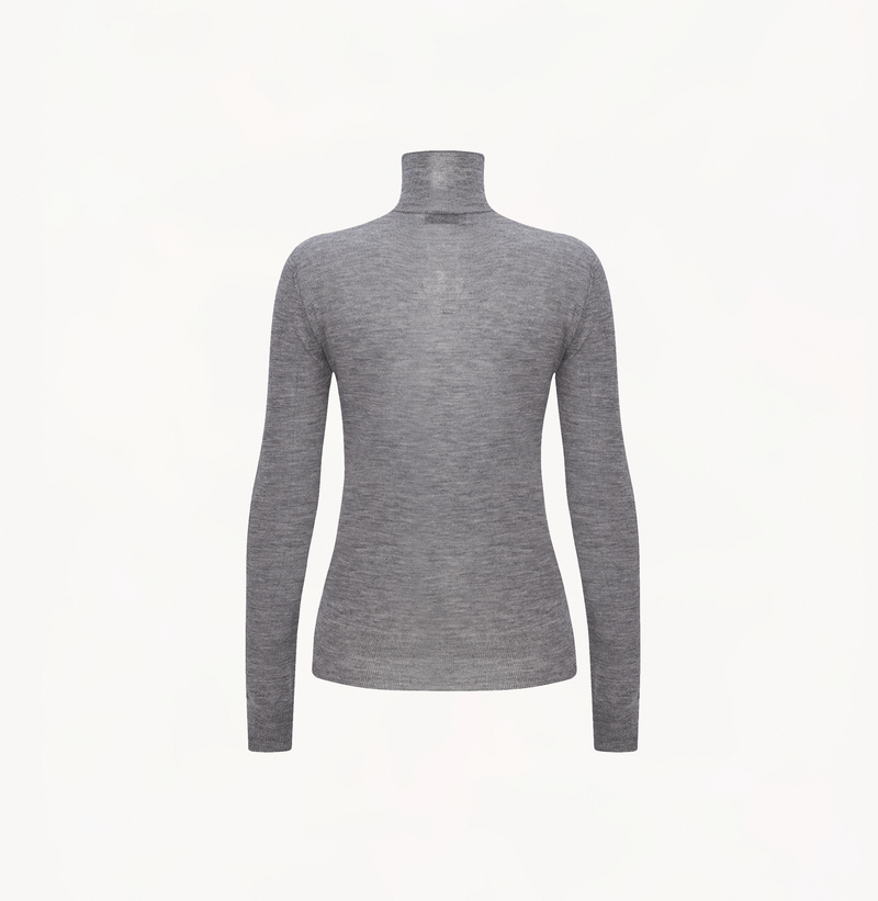 Cashmere metallic top in ash grey with turtleneck.
