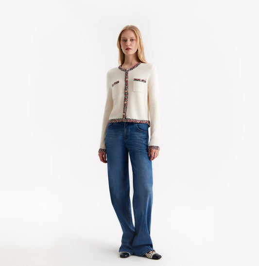 White wool-cashmere cardigan with contrast tweed trims at placket, hem, cuffs and pockets. front-view