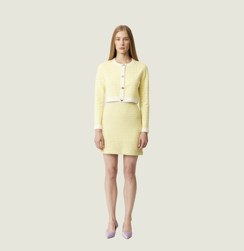 Cropped cardigan in in yellow and white jacquard.  left-view