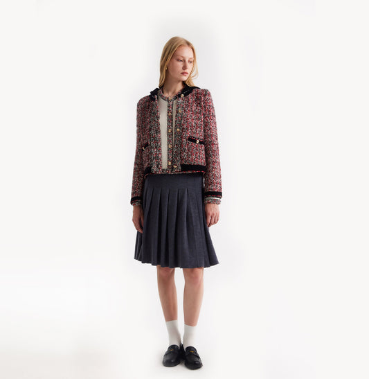 Heather black/white speckled tweed jacket for women with shoulder pads and detachable hood. front-view