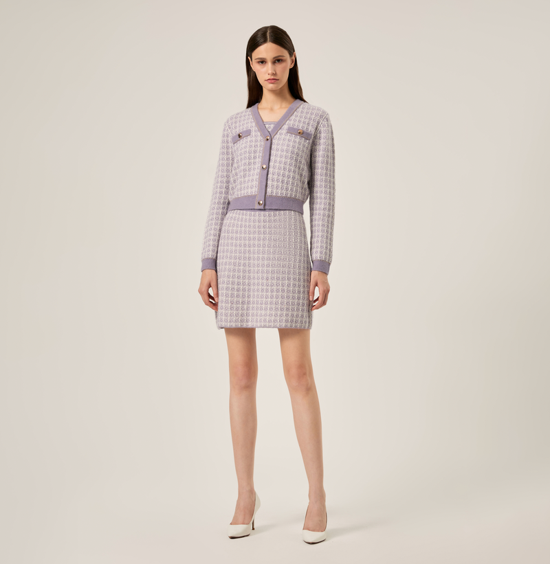 Bloucé checkered v-neck cropped cardigan in gingham purple. left-view