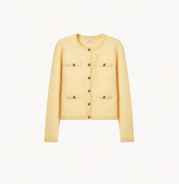 Cashmere crew-neck cardigan with crystal buttons in moonlight yelow