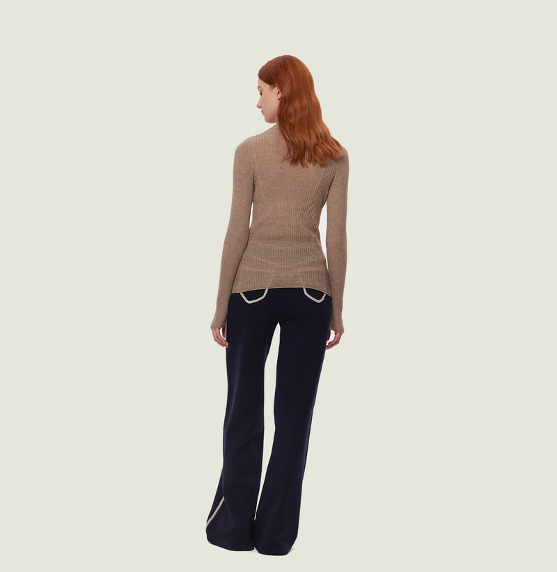 Cashmere ombre top in metallic champagne gold with turtleneck. rear-view