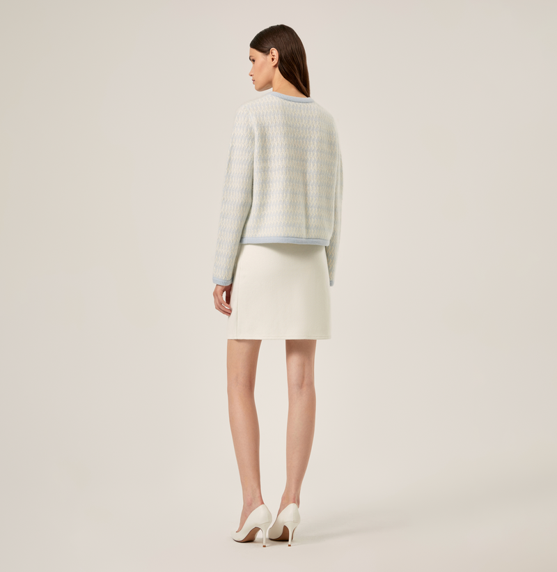 Cashmere two-tone crewneck jacket in moonlight yellow. rear-view
