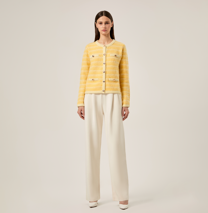 Cashmere two-tone crewneck jacket in moonlight yellow. left-view