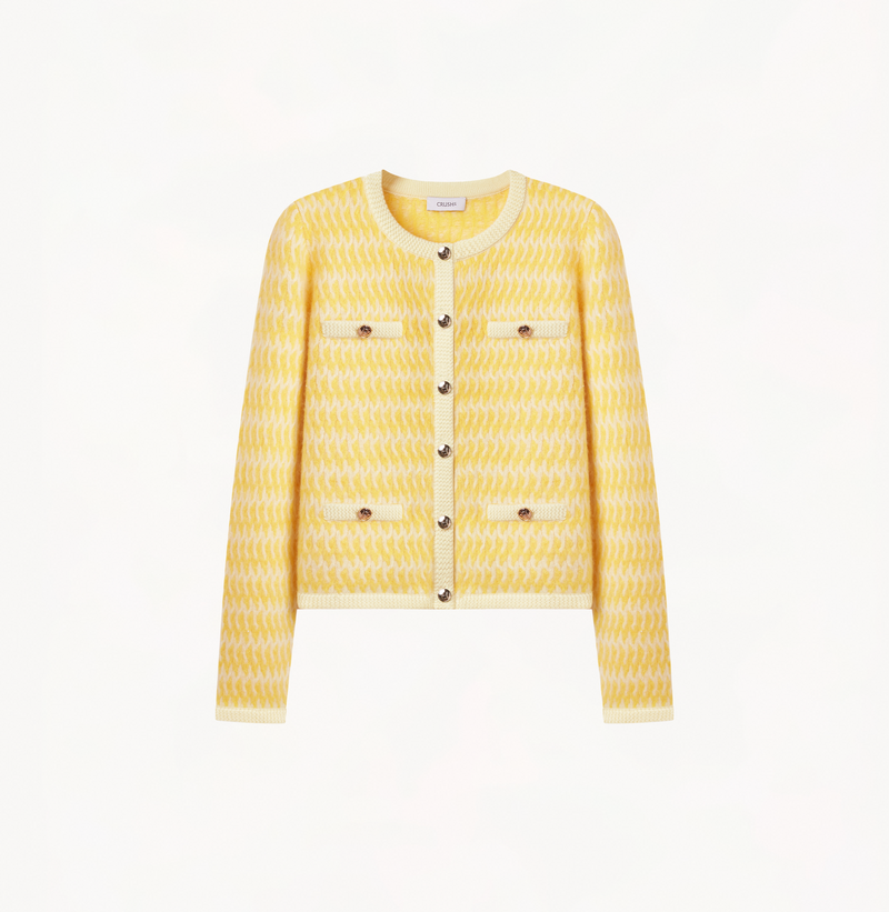 Cashmere two-tone crewneck jacket in moonlight yellow