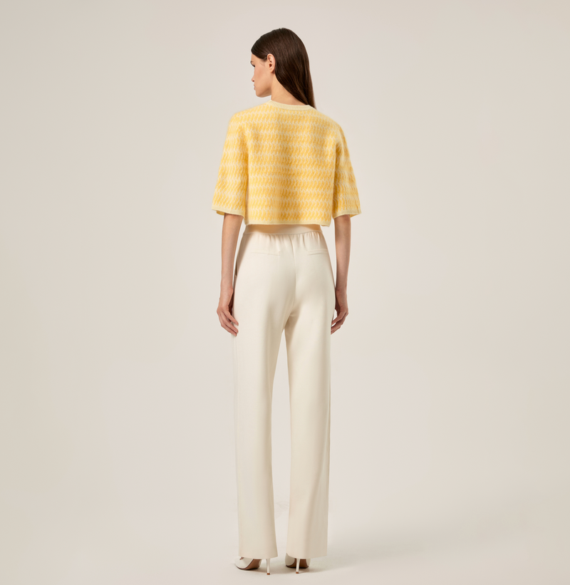 Cashmere two-toned crewneck crop top in moonlight yellow. rear-view