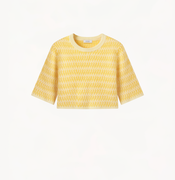 Cashmere two-toned crewneck crop top in moonlight yellow