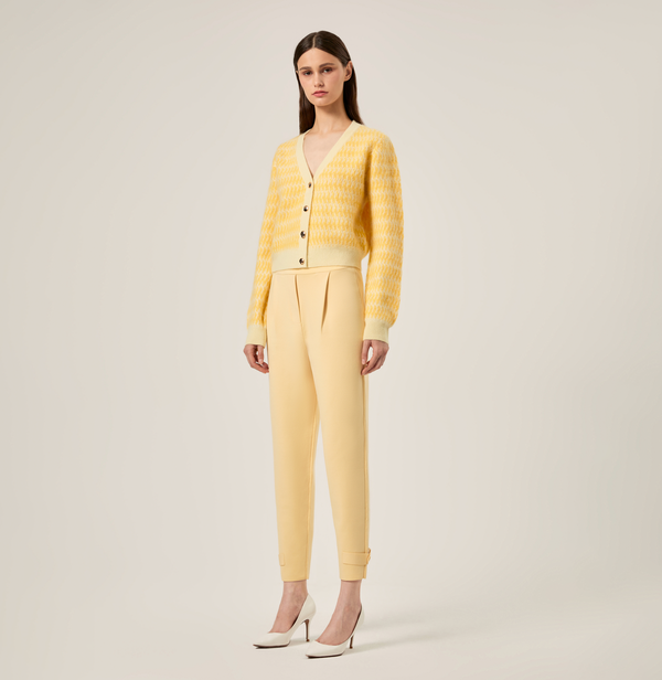Cashmere cropped fuzzy two-toned v-neck cardigan in moonlight yellow