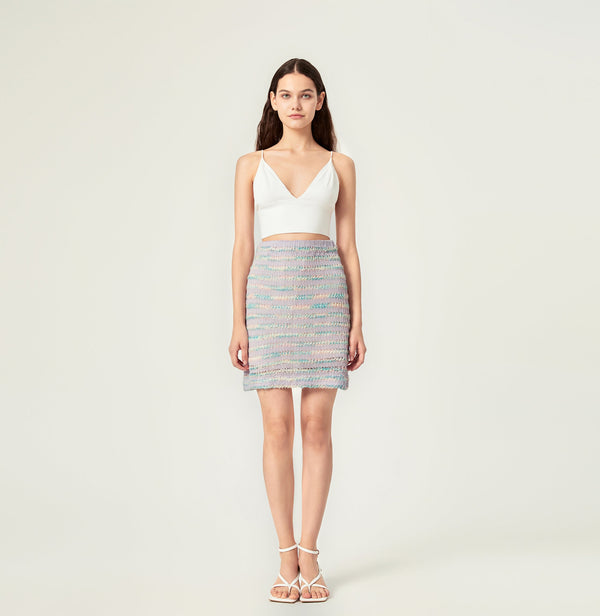 Crochet striped skirt in cool colours, front-view