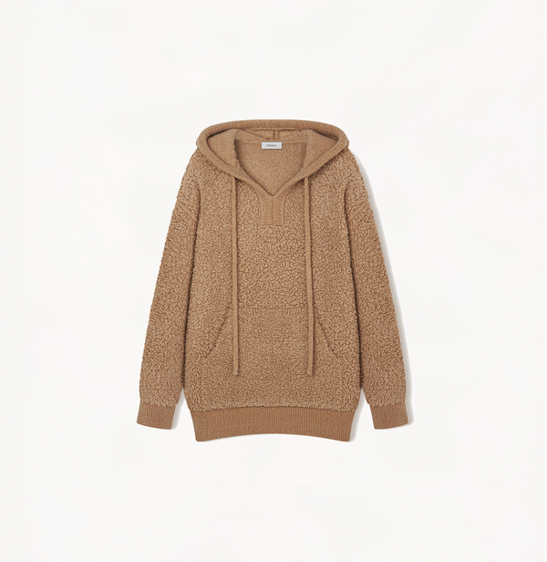 Hooded teddy boucle sweater in camel.