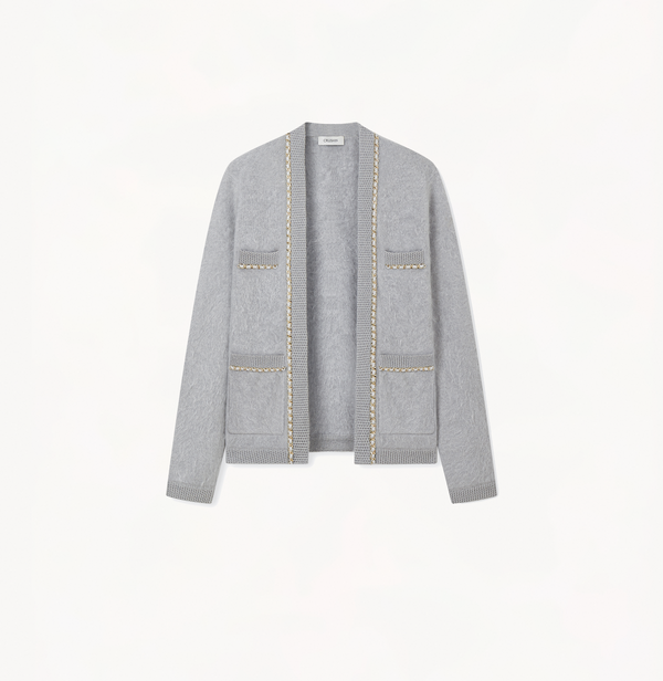 Long cashmere cardigan in light grey.