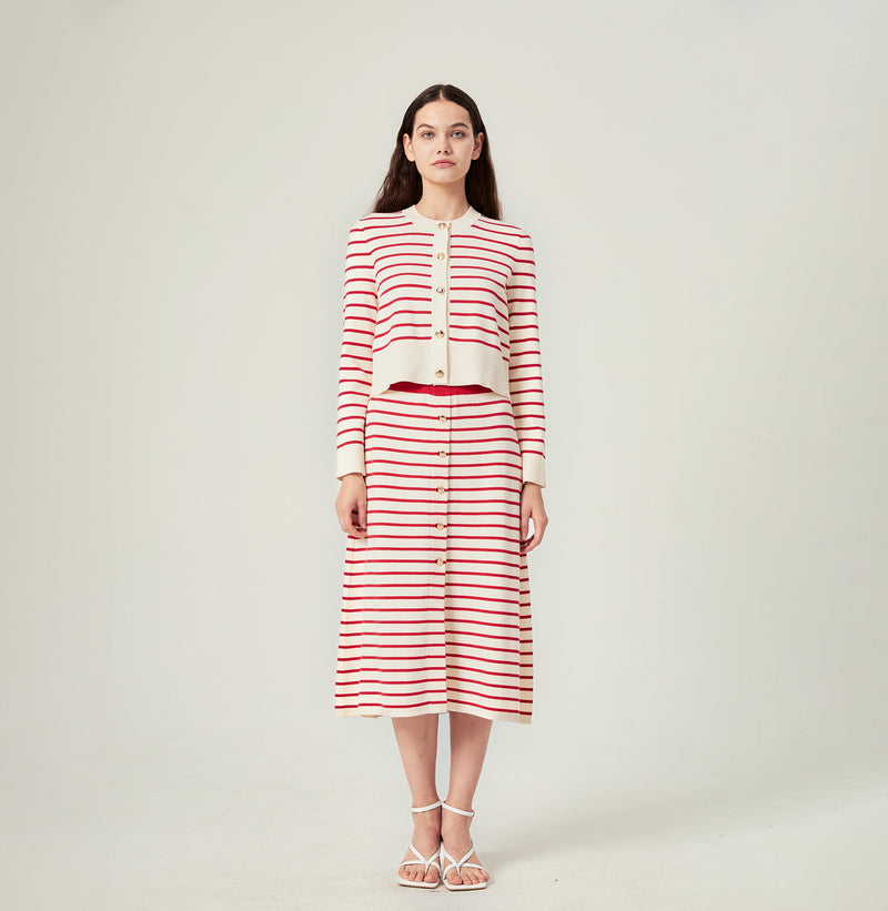 Red white striped cardigan. left-view