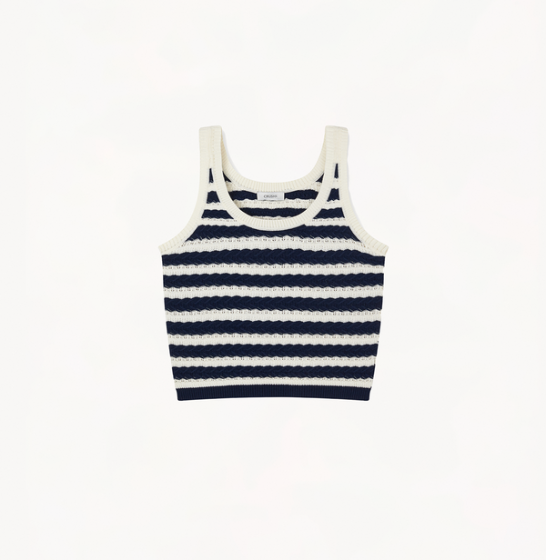 Cable-knit tank top with blue and white stripes.