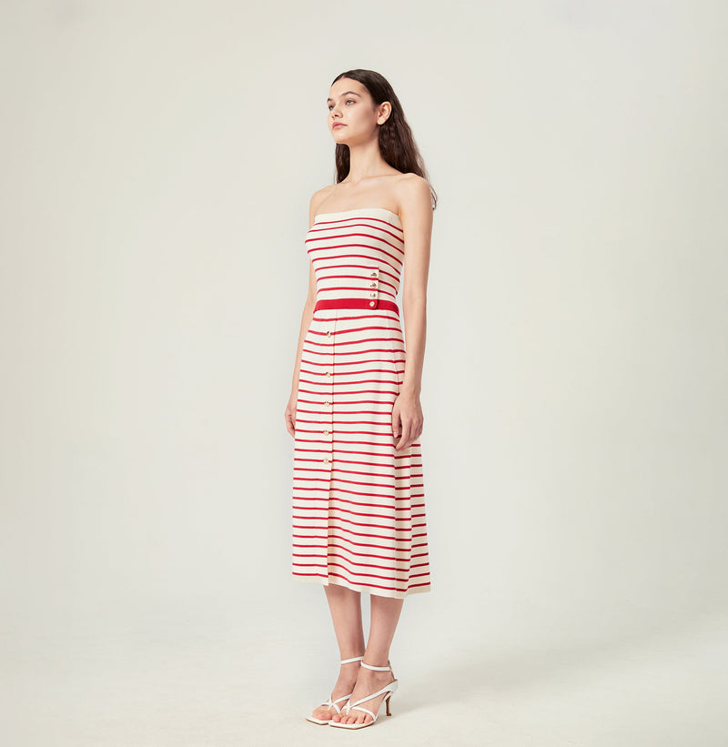 Striped tube top in red white. left-view