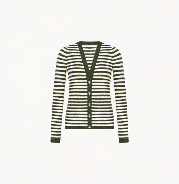 Wool striped cardigan in grass green and white with v neck.