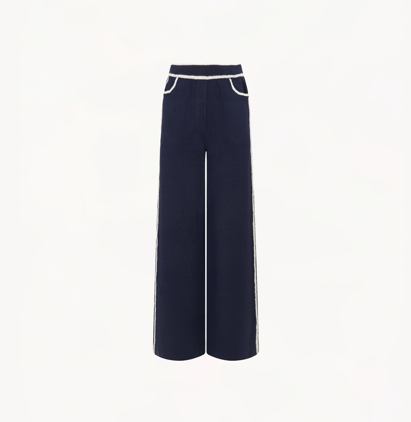 Boucle wool pants with wide-leg in navy.