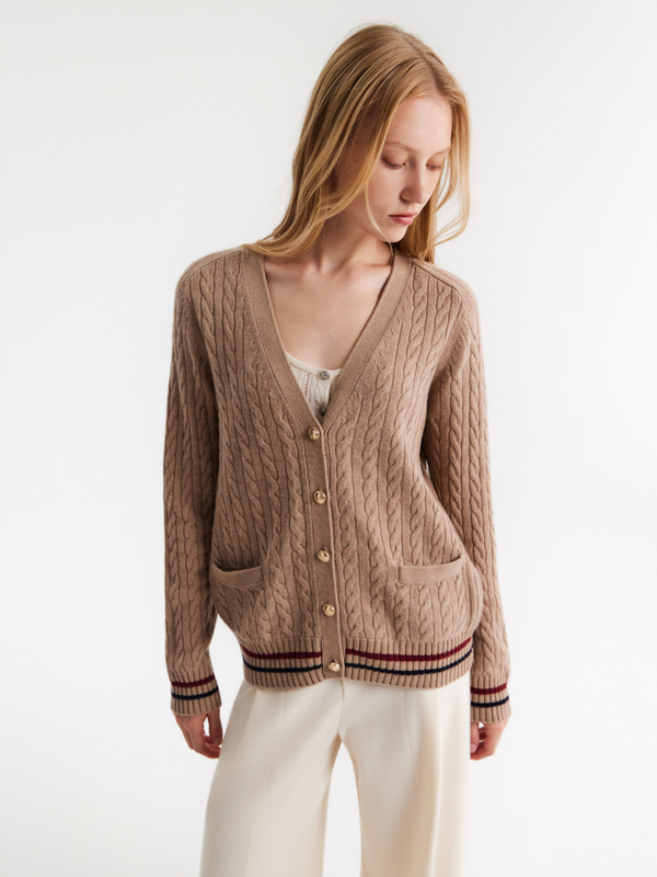 Cable Knit Striped-Detail Cardigan