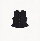 Black womens fitted vest in wool blend stretch fabric with cinched waist flared hem and seamless edge trim.