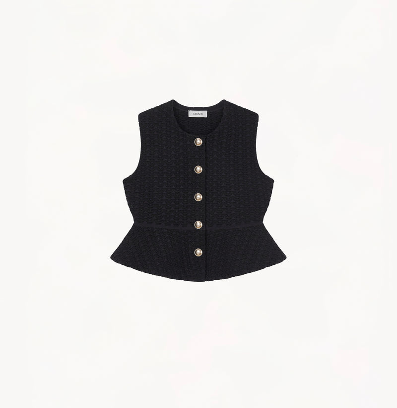 Black womens fitted vest in wool blend stretch fabric with cinched waist flared hem and seamless edge trim.