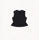 Black womens fitted vest in wool blend stretch fabric with cinched waist flared hem and seamless edge trim.