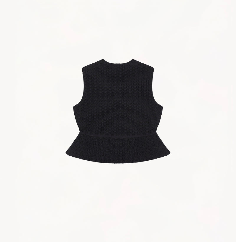 Black womens fitted vest in wool blend stretch fabric with cinched waist flared hem and seamless edge trim.