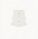 White womens fitted vest in wool blend stretch fabric with cinched waist flared hem and seamless edge trim.