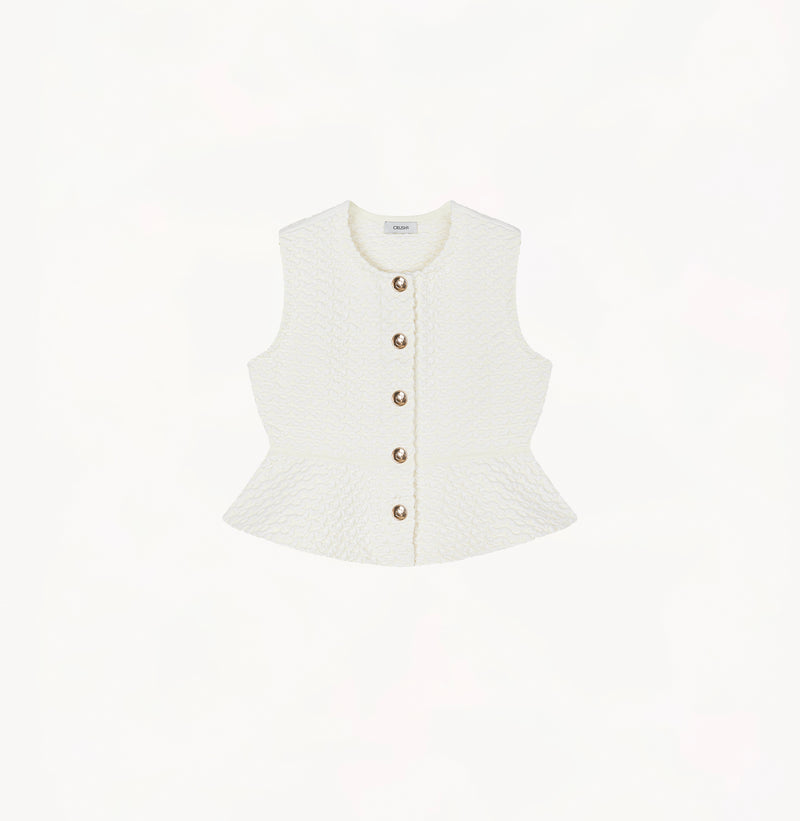 White womens fitted vest in wool blend stretch fabric with cinched waist flared hem and seamless edge trim.