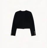 Black jacquard-textured sweater jacket in wool blend with boxy silhouette and long sleeves.