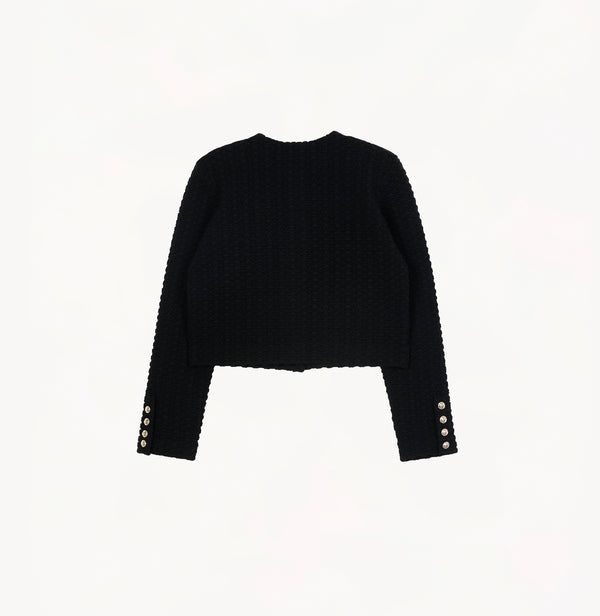 Black jacquard-textured sweater jacket in wool blend with boxy silhouette and long sleeves.