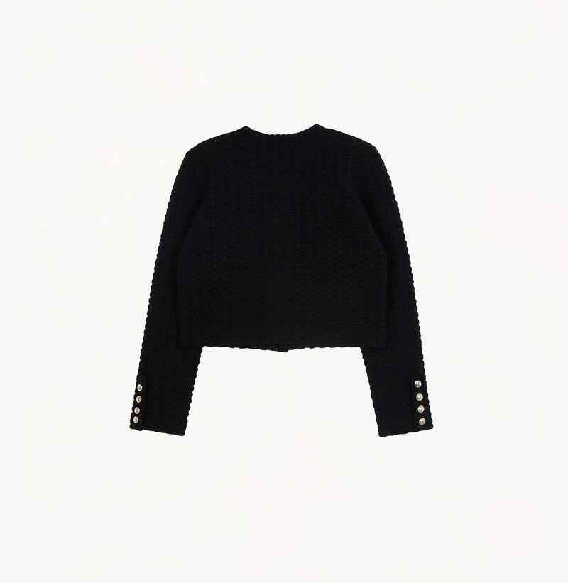 Black jacquard-textured sweater jacket in wool blend with boxy silhouette and long sleeves.