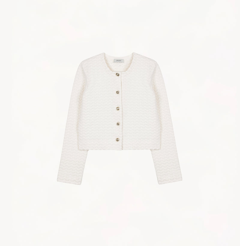 White jacquard-textured sweater jacket in wool blend with boxy silhouette and long sleeves.