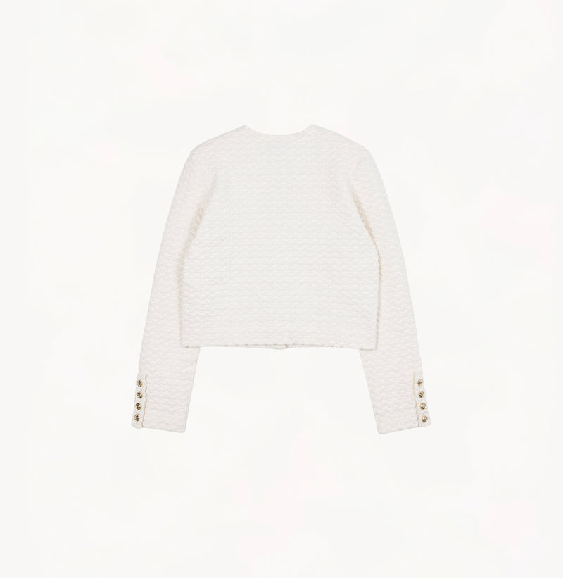White jacquard-textured sweater jacket in wool blend with boxy silhouette and long sleeves.