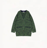 Green wool-cashmere blend tweed V-neck jacket with relaxed fit and camo-inspired texture.