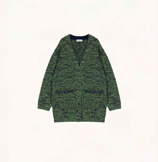 Green wool-cashmere blend tweed V-neck jacket with relaxed fit and camo-inspired texture.