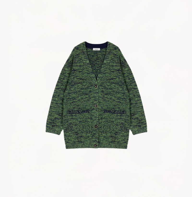 Green wool-cashmere blend tweed V-neck jacket with relaxed fit and camo-inspired texture.