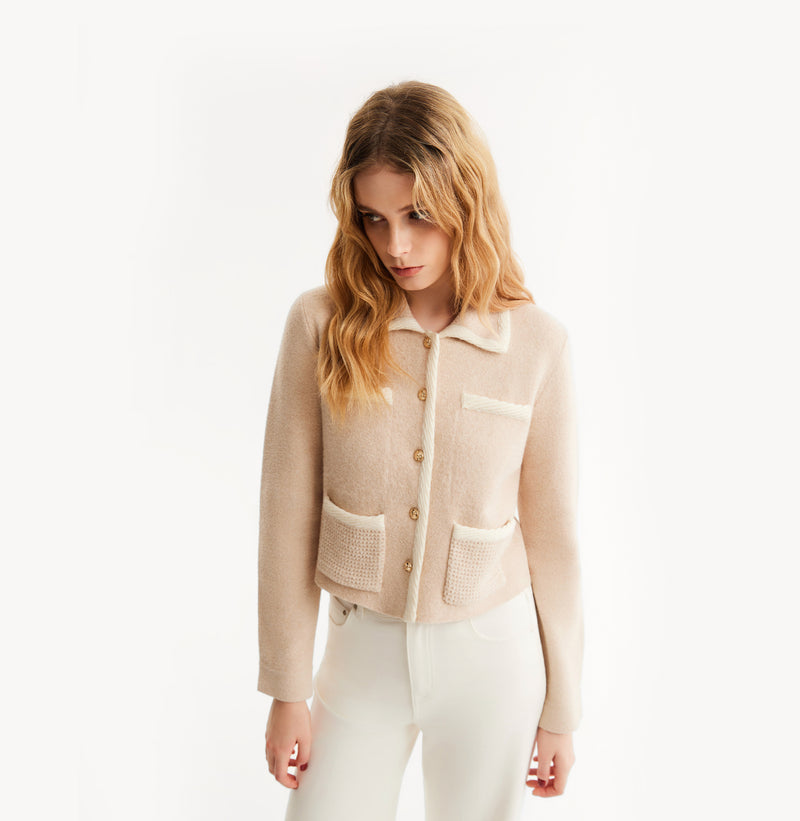 Beige wool lapel jacket cardigan with white trim, left-view