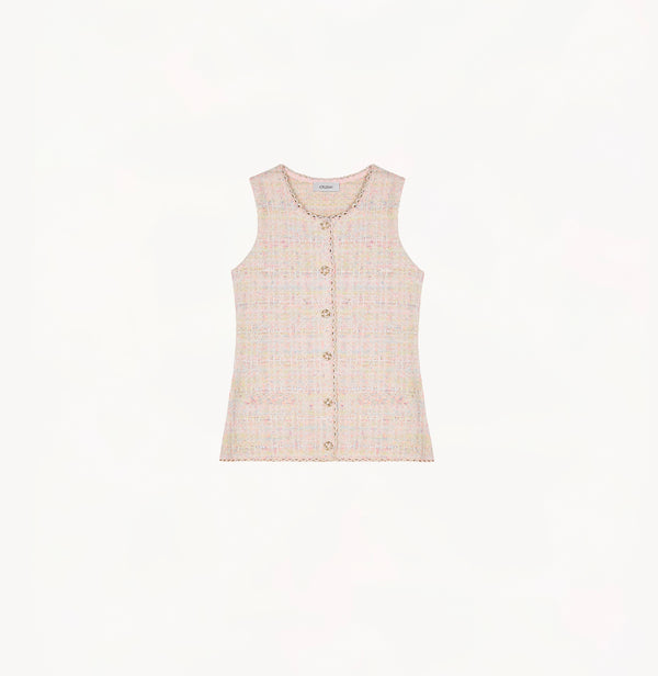 CHECK TWEED CINCHED CREWNECK VEST