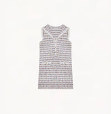 Cotton-silk tweed knit. Fitted sailor-style dress with scalloped detailing.