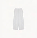 Cotton-nylon blend. Classic wide-leg trousers with structured waistband and metal details.