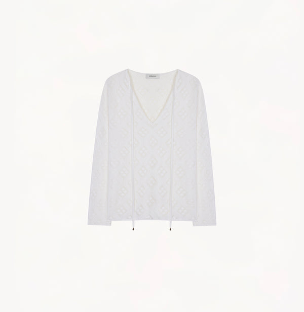 Cotton-linen blend. Waist-shaped V-neck top with diamond openwork and tie detail.
