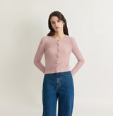 SHEER CABLE-KNIT CREWNECK CARDIGAN