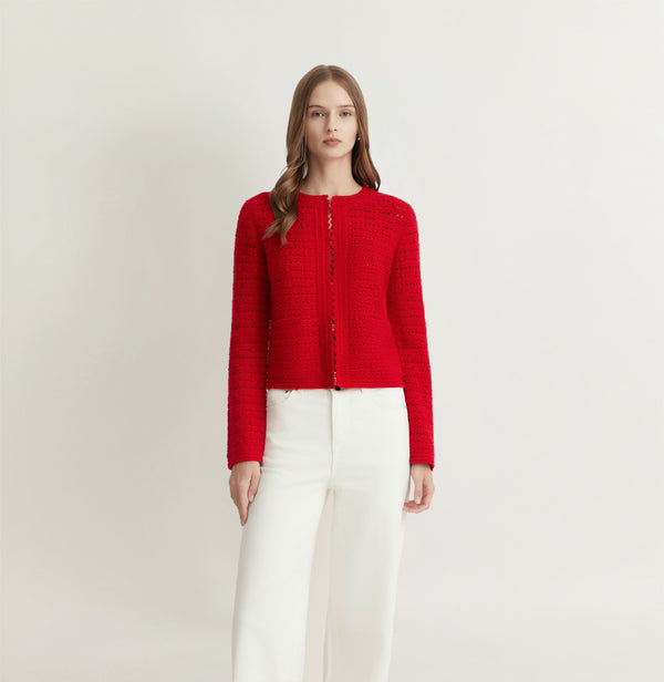 CROCHET-TRIM POINTELLE CREWNECK CARDIGAN