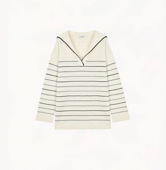 Sailor-collar sweater in blue/white wool stripes.