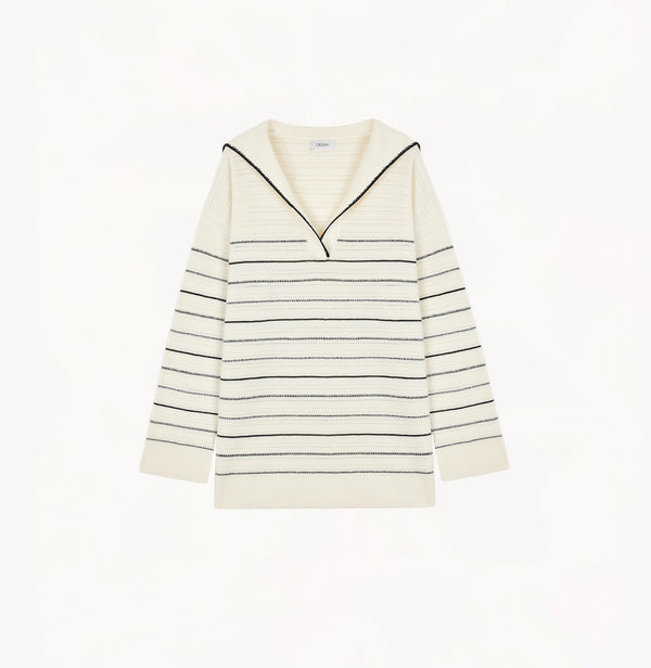 Sailor-collar sweater in blue/white wool stripes.