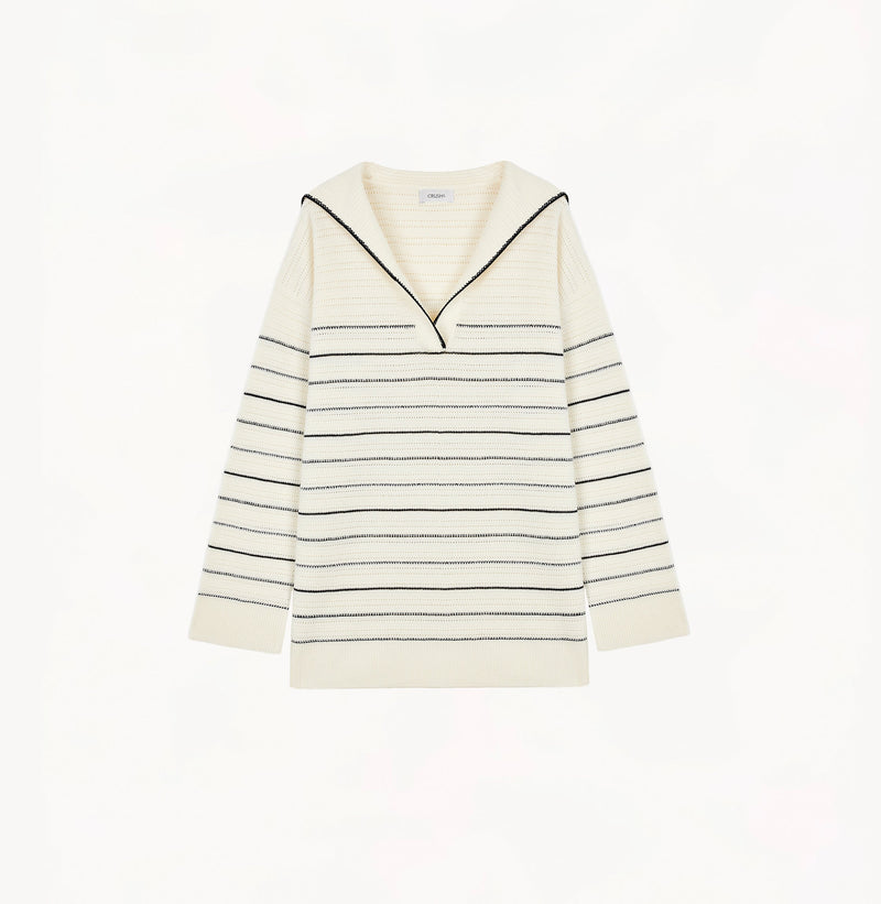 Sailor-collar sweater in blue/white wool stripes.