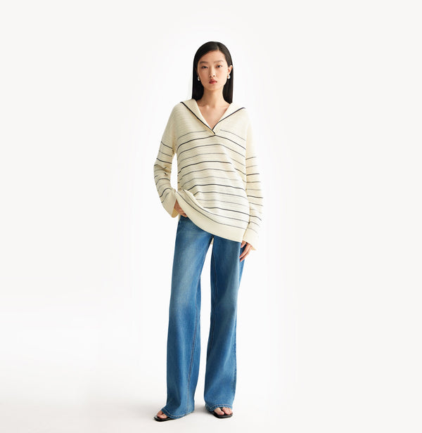 Sailor-collar sweater in blue/white wool stripes. front-view