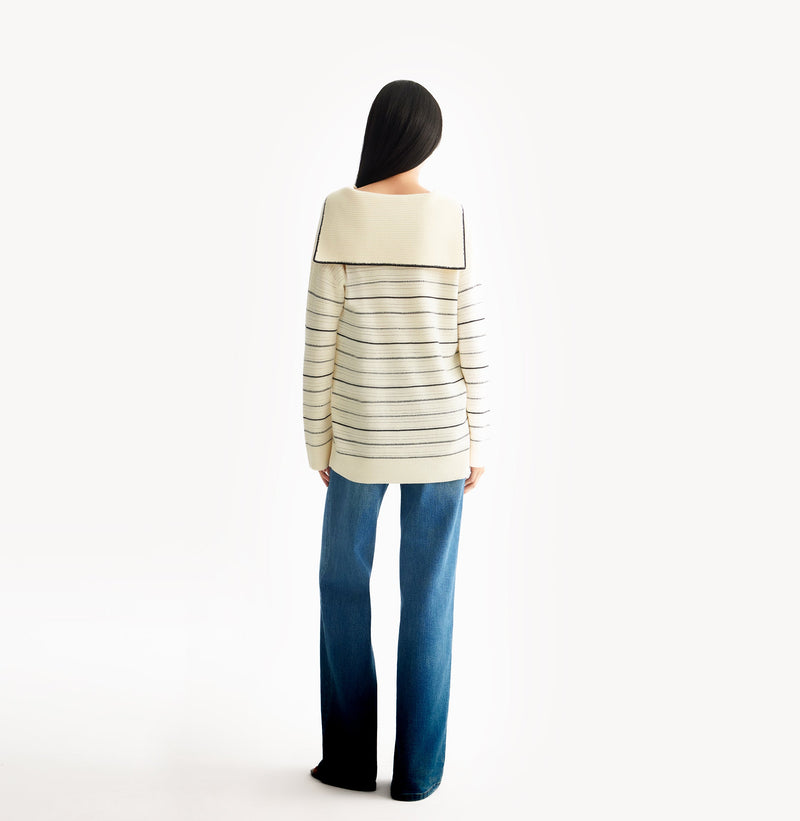 Sailor-collar sweater in blue/white wool stripes. rear-view